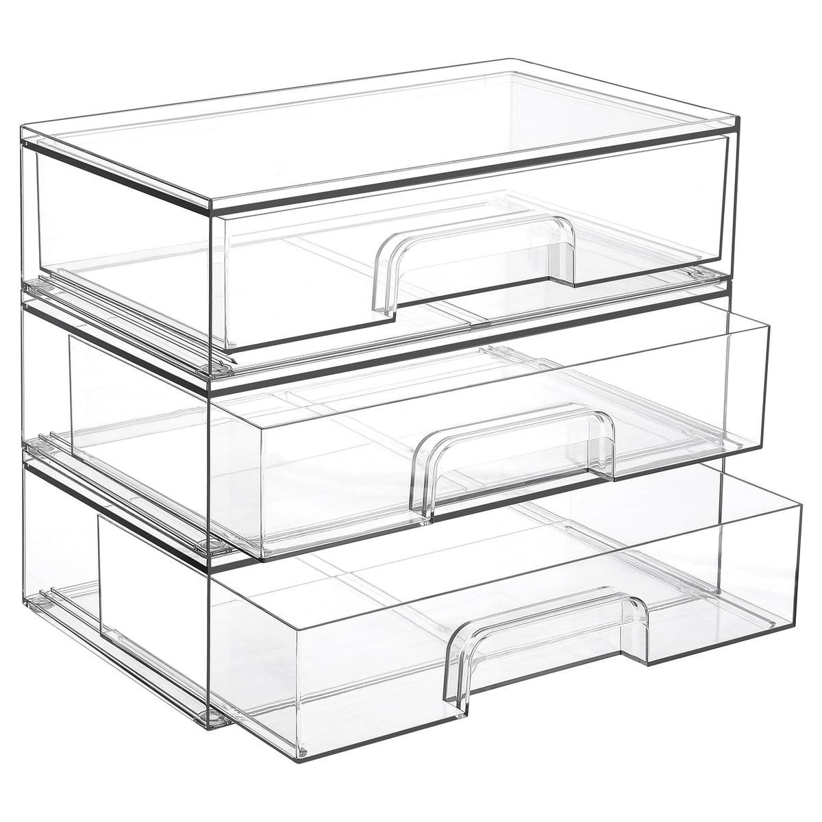 Vtopmart 12.1W clear stackable drawers front view highlights space-saving vanity organization.