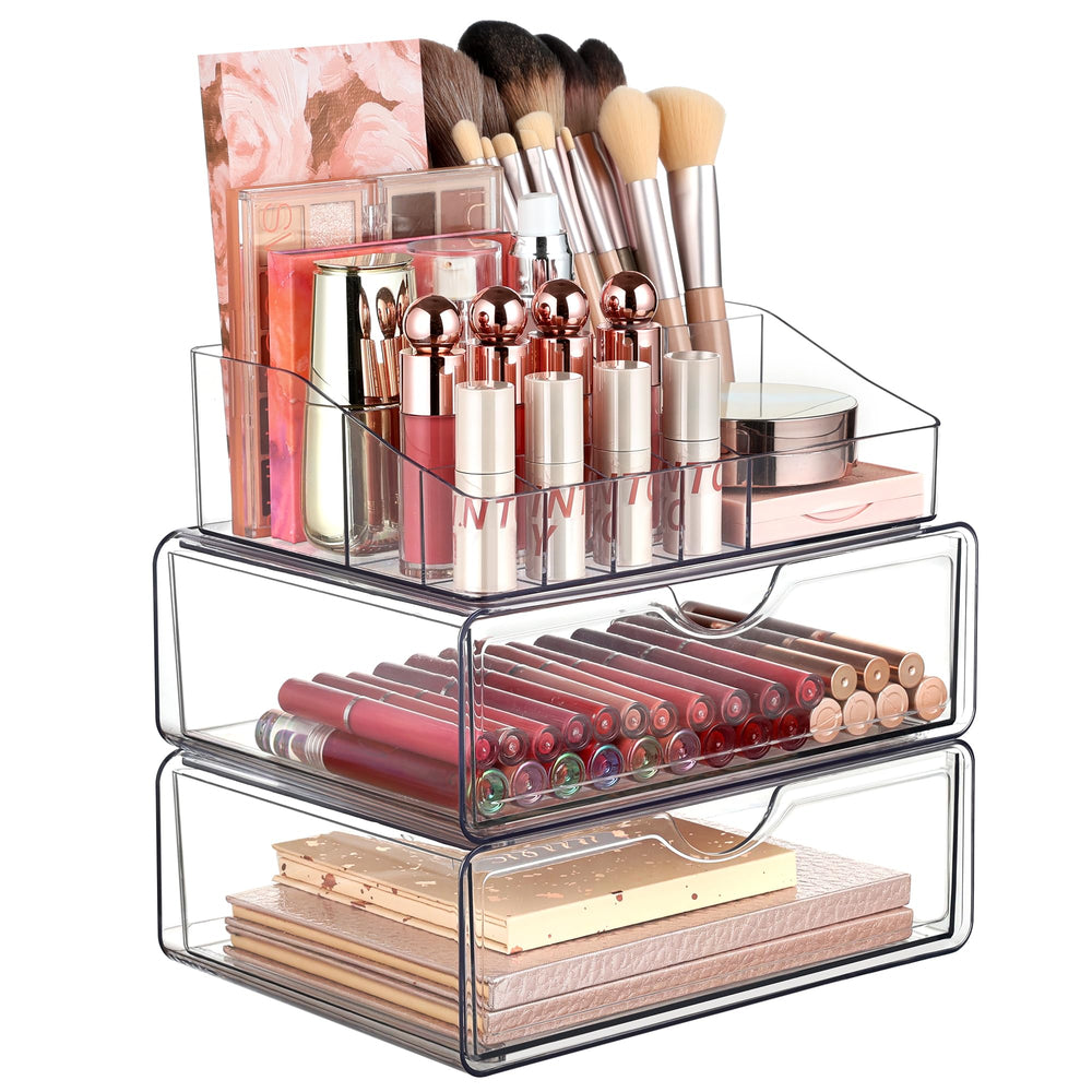 Vtopmart 3-tier clear makeup organizer front view with roomy lipstick and brush storage.