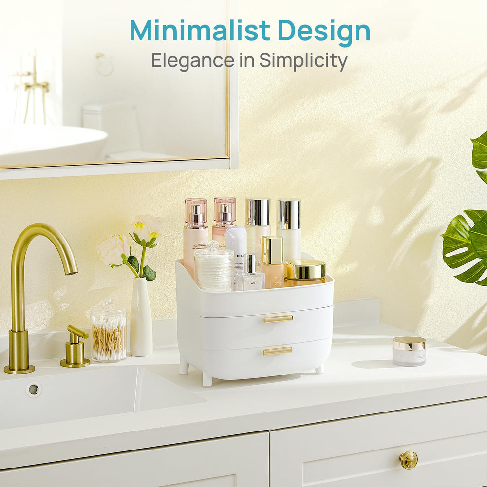 Vtopmart 3-Tier organizer in use on dresser for skincare and cosmetics.