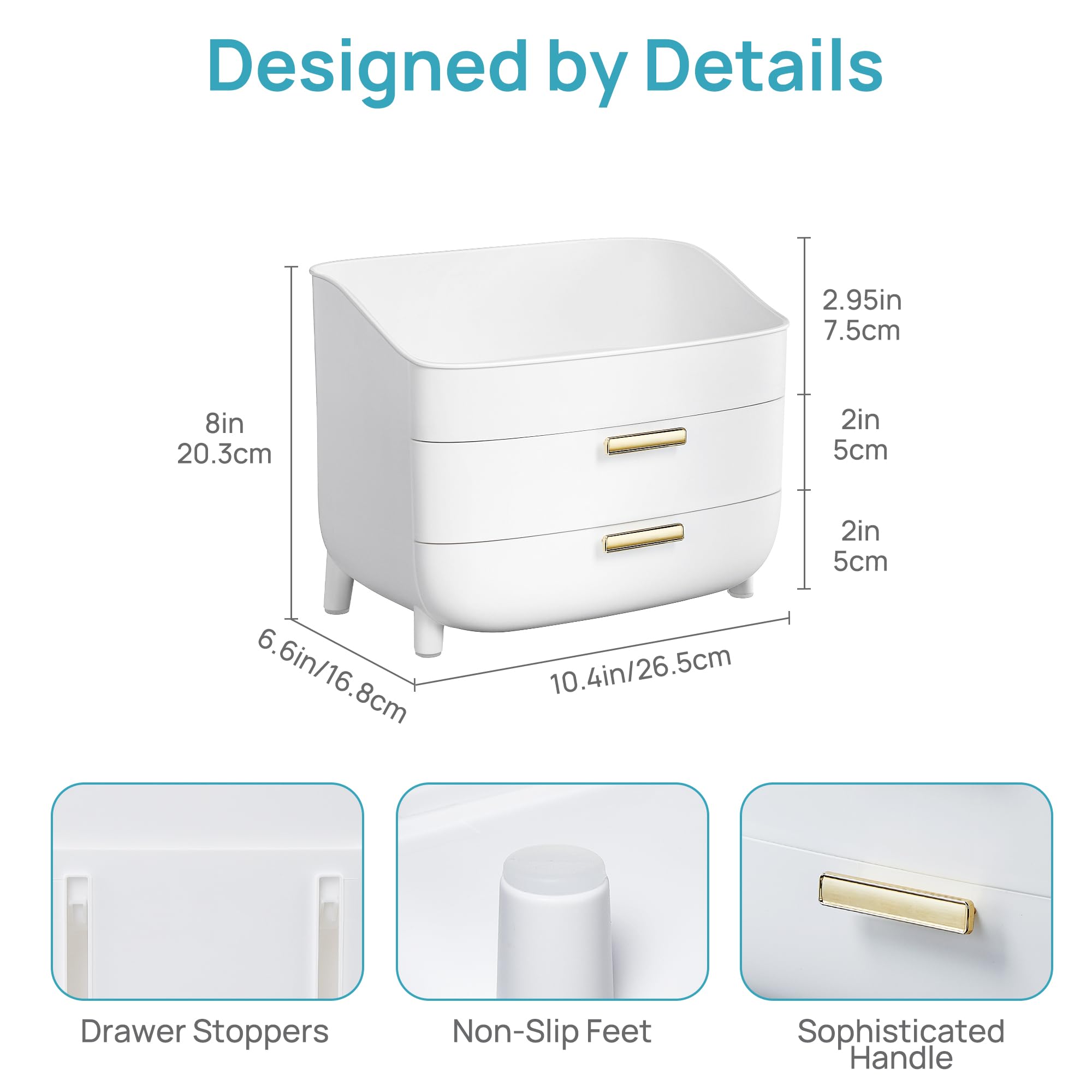 Vtopmart 3-Tier organizer with drawer open shows space for small tools and cotton pads.
