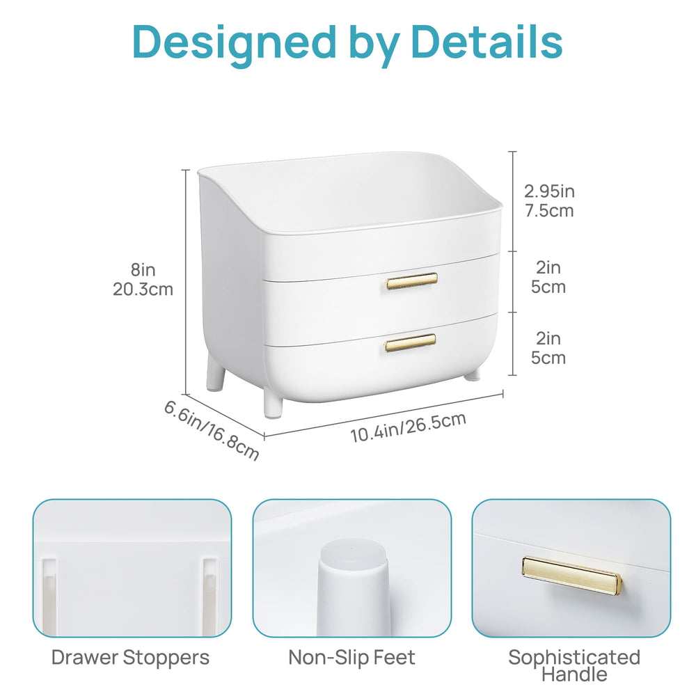 Vtopmart 3-Tier organizer with drawer open shows space for small tools and cotton pads.