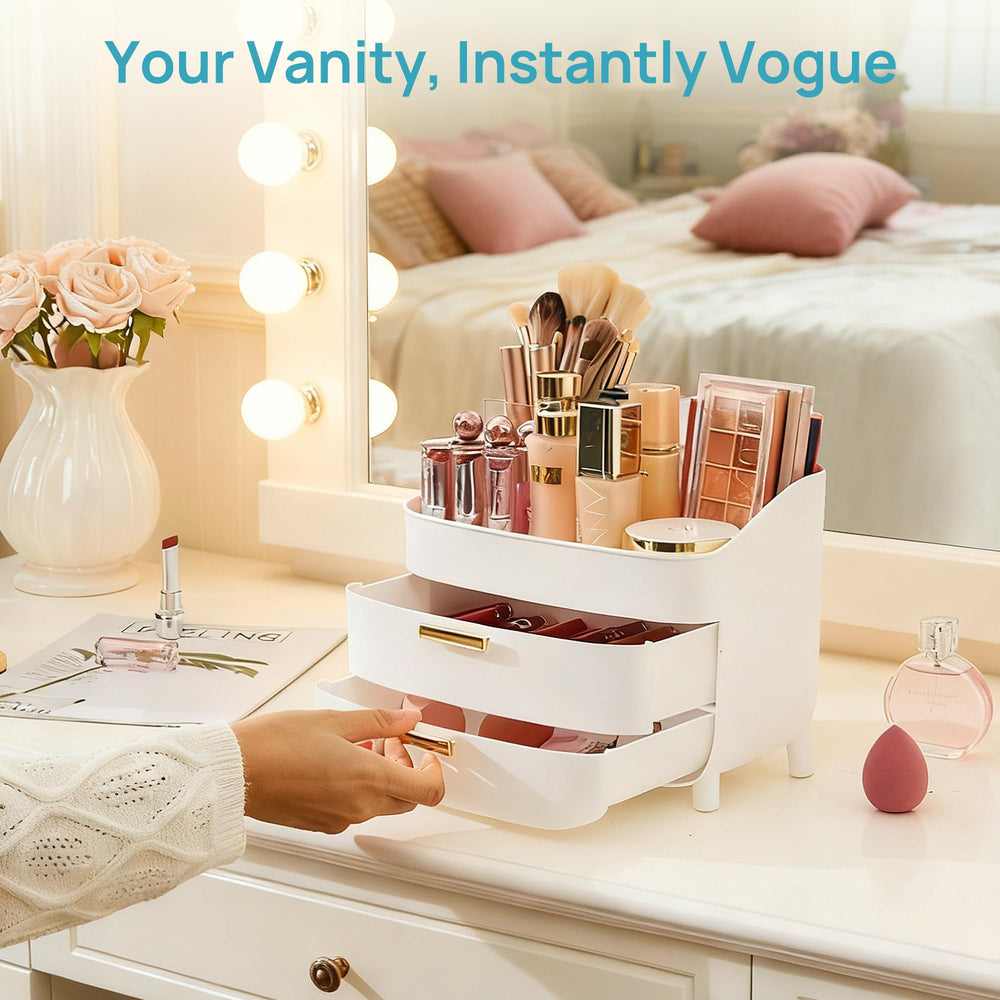 Vtopmart 3-Tier organizer on bathroom counter with minimalist aesthetic.