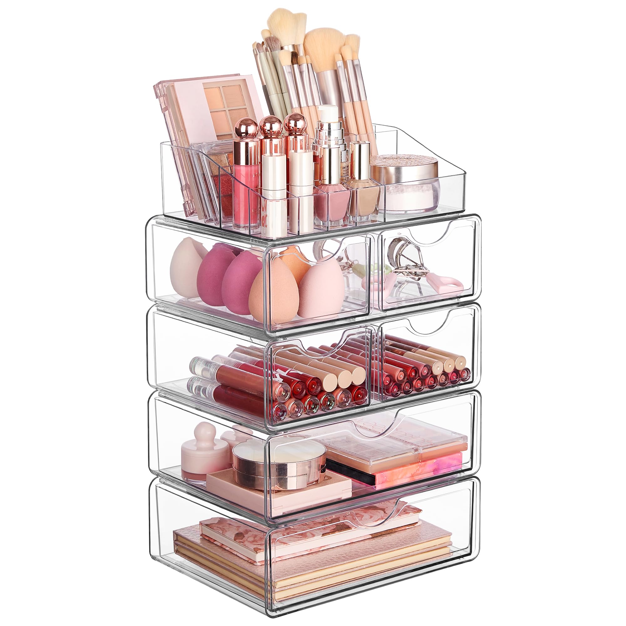 Vtopmart 5 tier clear makeup organizer with drawers showing organized vanity storage