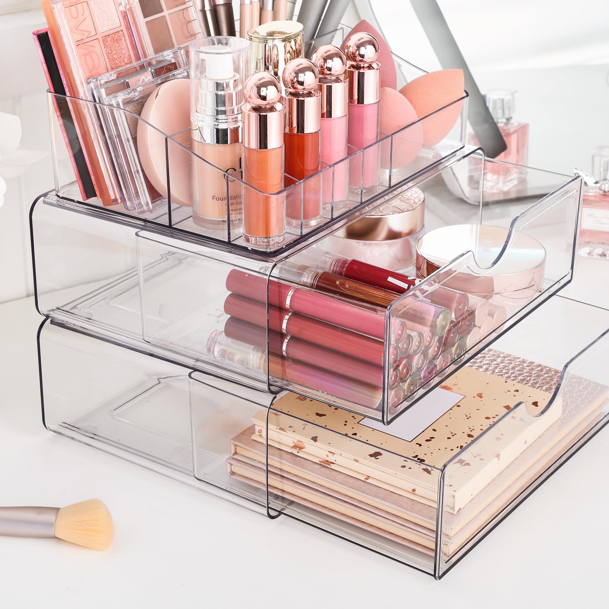 Vtopmart clear-view makeup organizer on dresser keeps cosmetics visible and easy to grab.