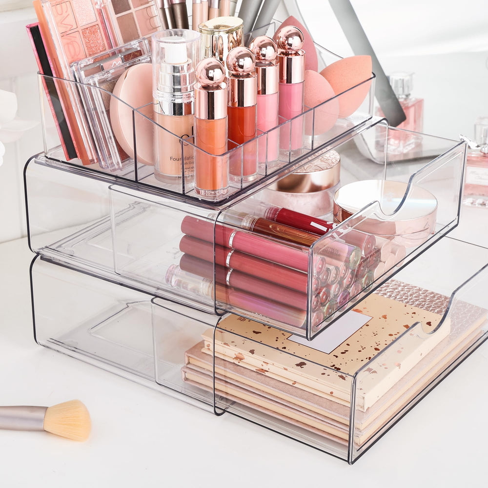 Vtopmart clear-view makeup organizer on dresser keeps cosmetics visible and easy to grab.