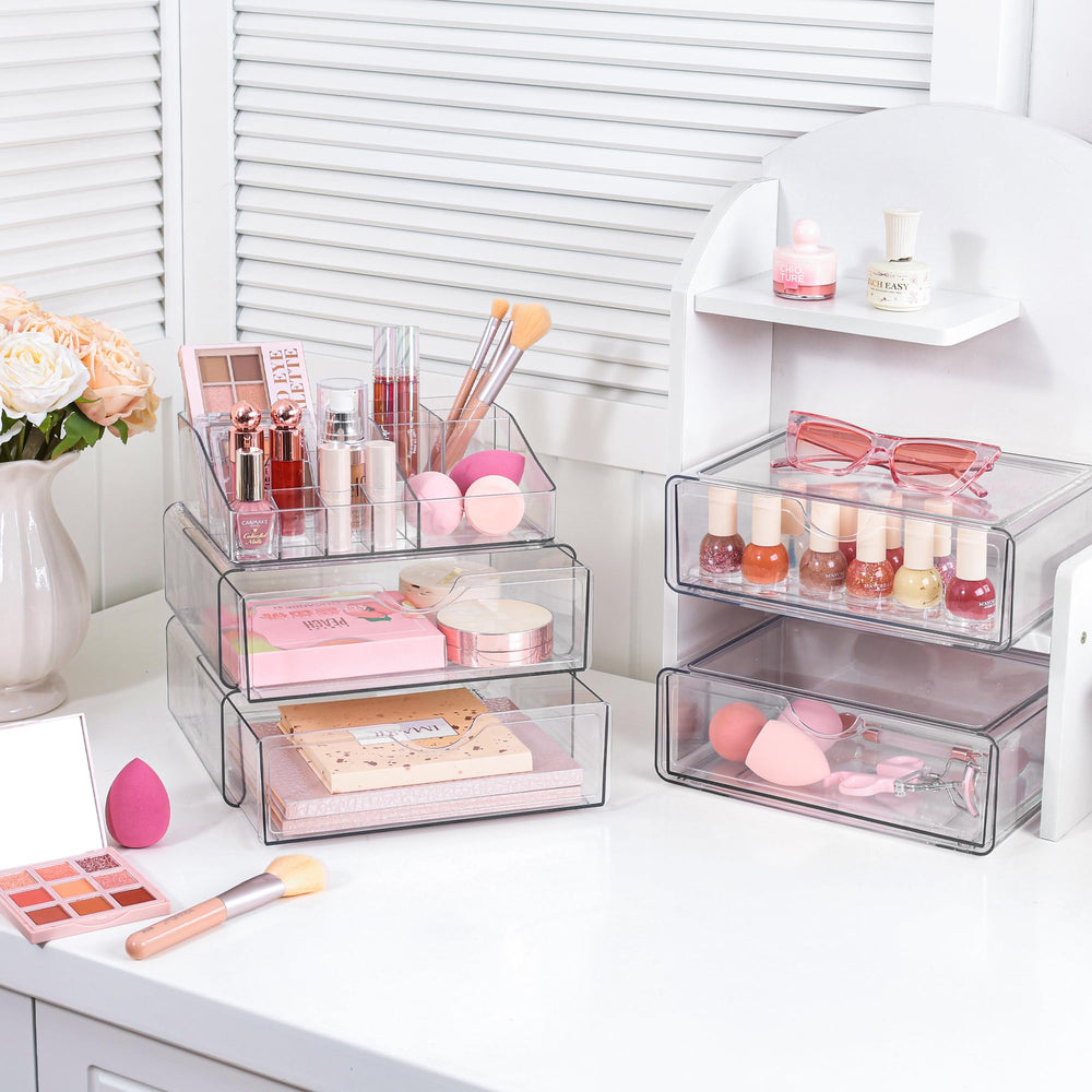 Vtopmart makeup organizer drawer-closed shows sleek, clear storage with visible contents for quick selection.