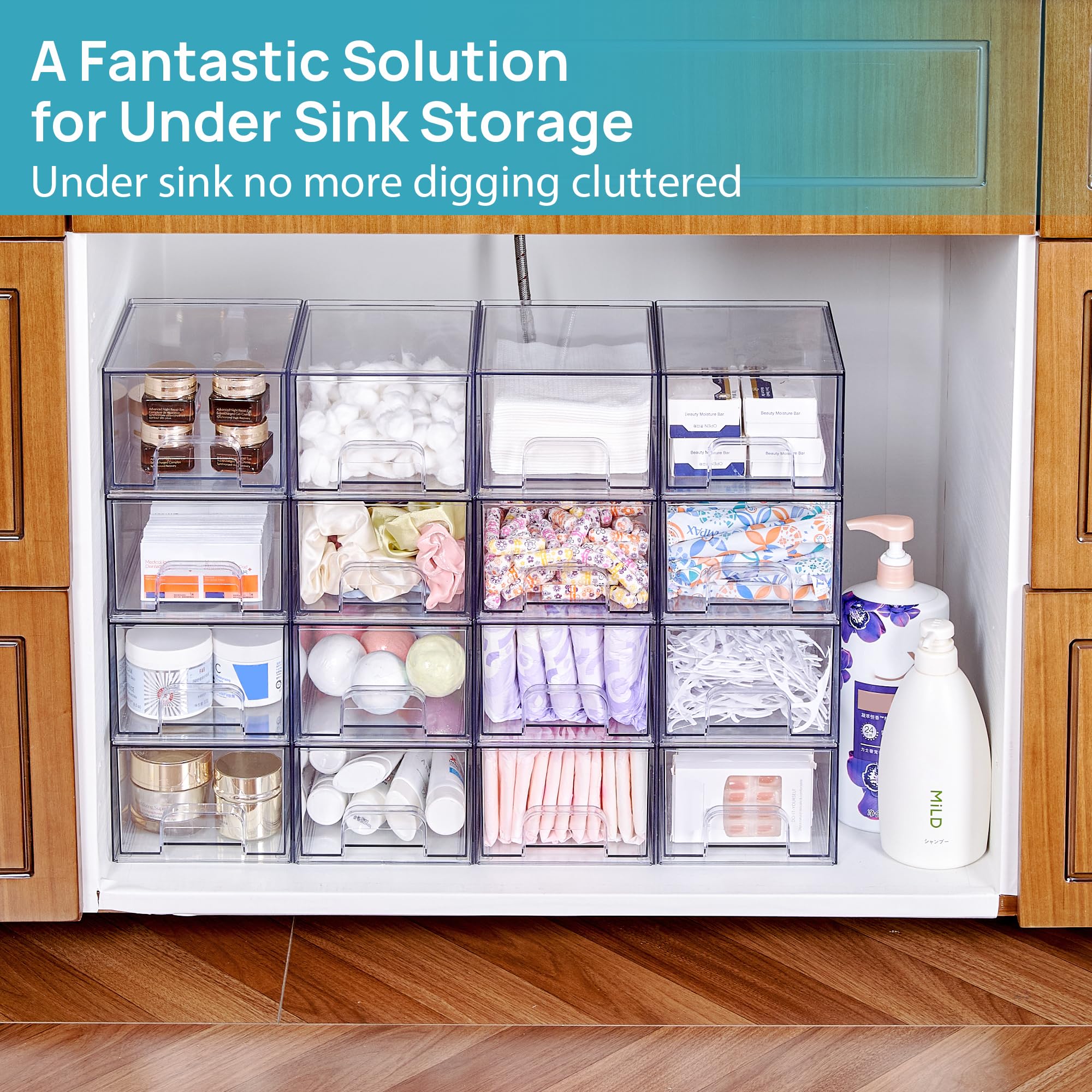 Vtopmart 8-pack clear stackable drawers under sink use showing compact fit