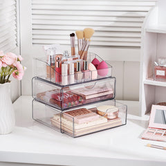 Vtopmart clear-design makeup organizer highlights compartments for quick cosmetics lookup.