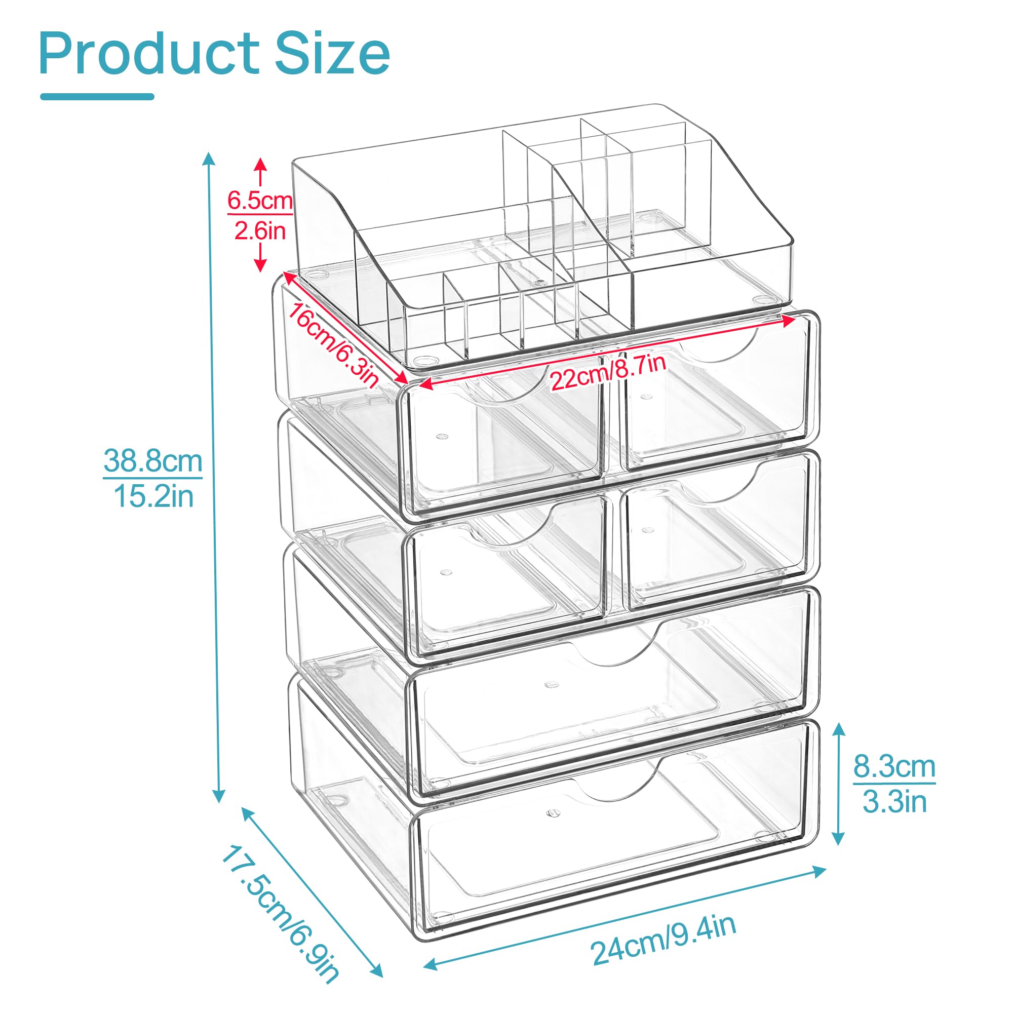 Vtopmart clear makeup organizer drawer rails and stoppers prevent spills