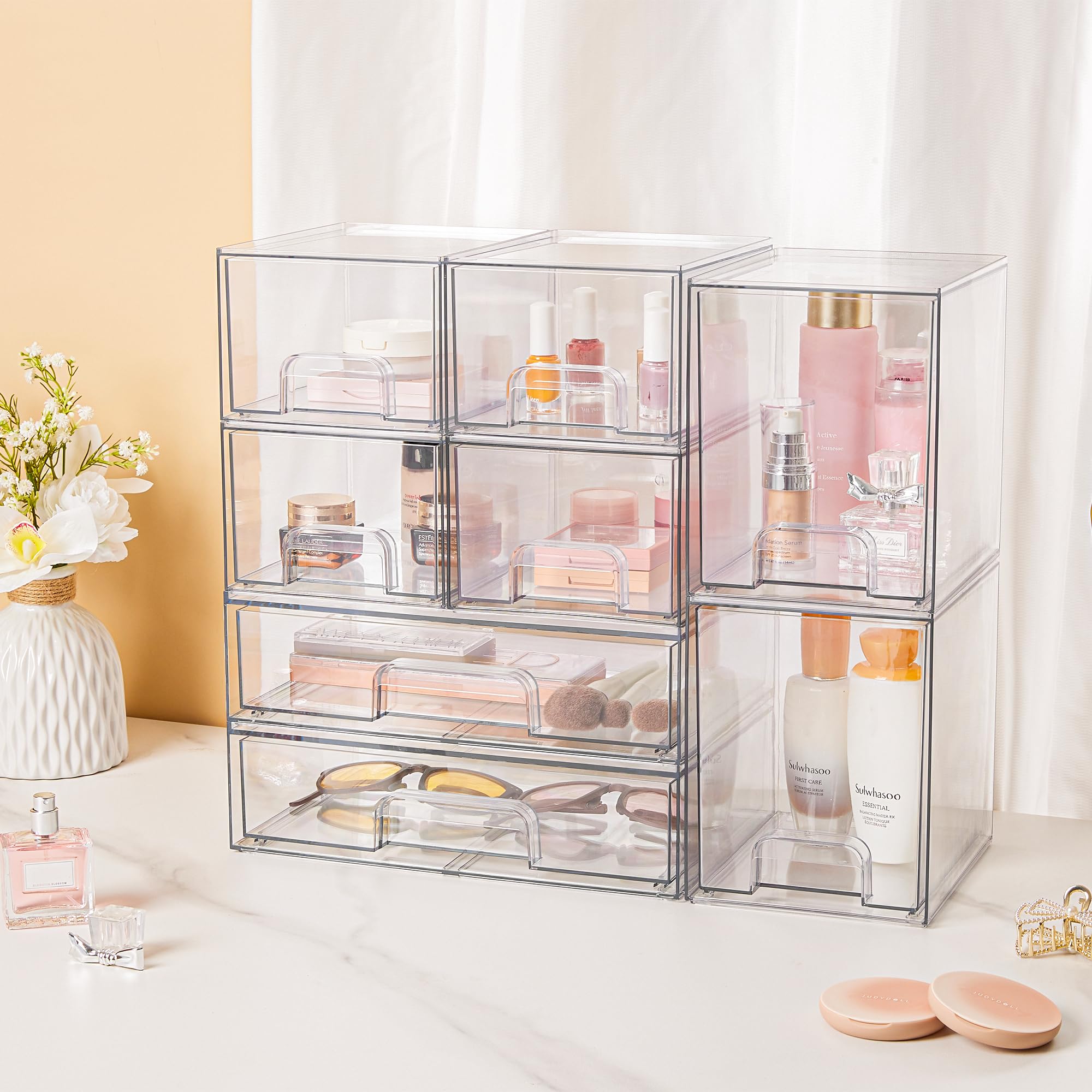 Vtopmart clear stackable drawers bathroom-counter organization with easy-access products.