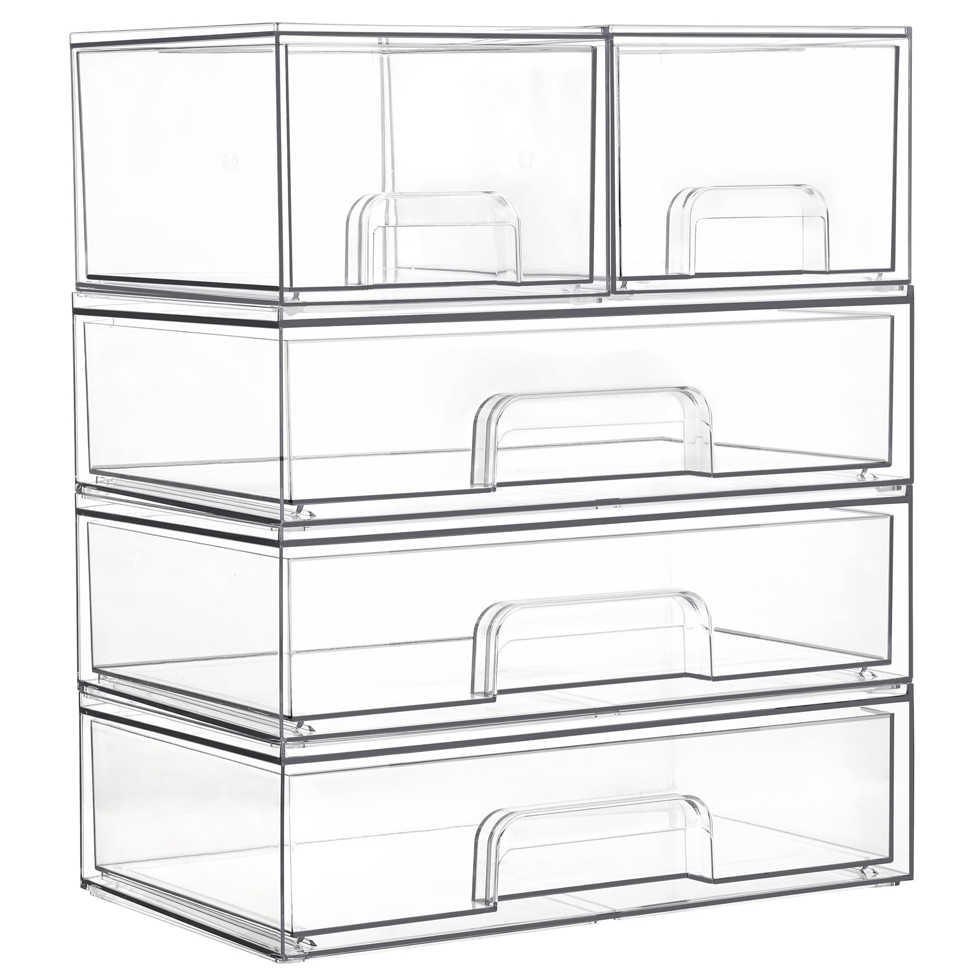 Vtopmart clear stackable drawers front view for space-saving bathroom organization.