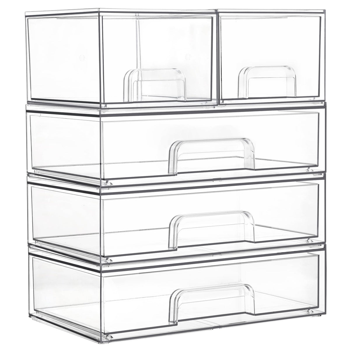 Vtopmart clear stackable drawers front view for space-saving bathroom organization.