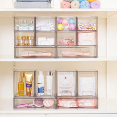 Vtopmart clear stackable drawers vanity-countertop setup keeps cosmetics tidy.