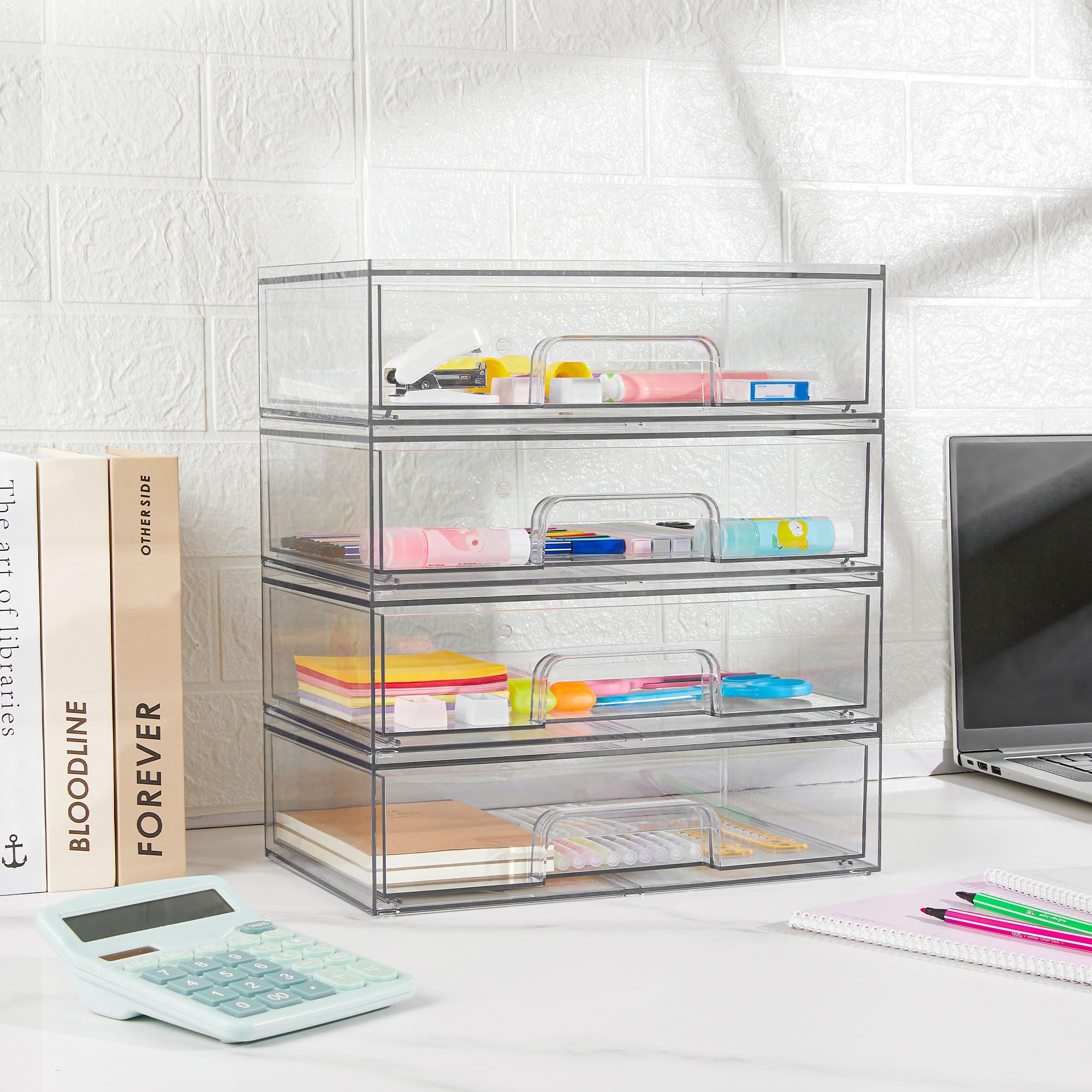 Vtopmart clear stackable drawers vanity setup showcases stylish organization and accessibility.