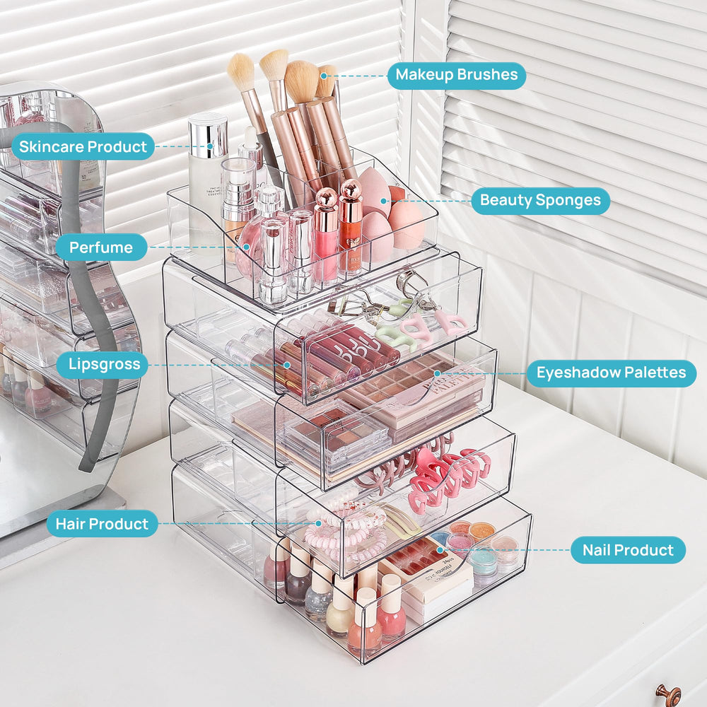 Vtopmart cosmetic storage on dresser top keeps essentials within reach.
