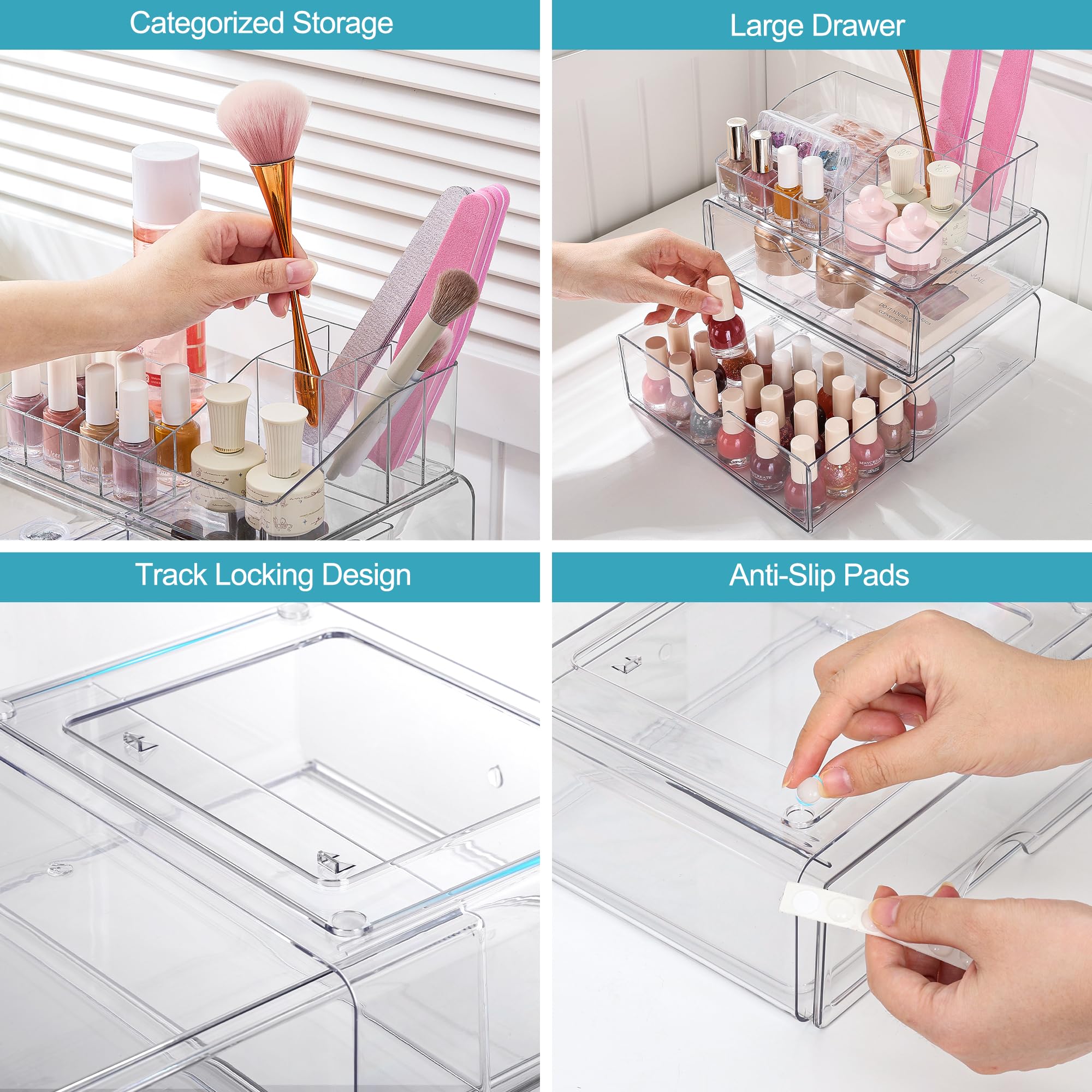 Vtopmart cosmetic storage fits lipsticks, foundations, and skincare neatly on dresser.