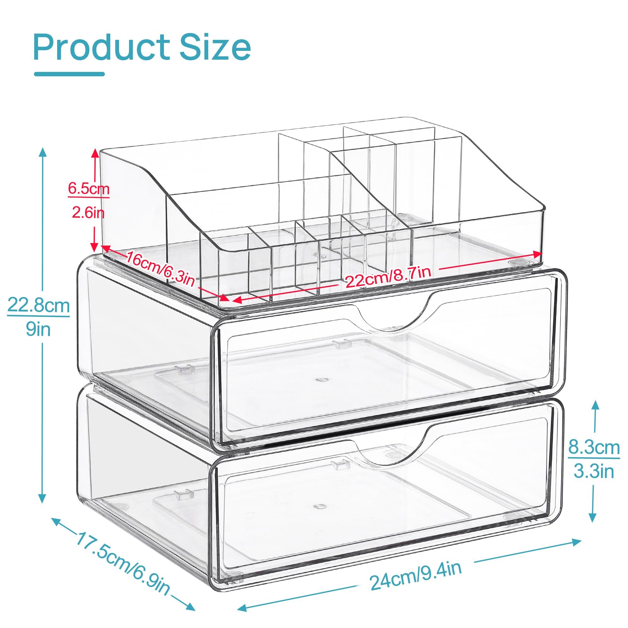 Vtopmart makeup organizer drawer slides smoothly for stable storage of brushes and palettes.