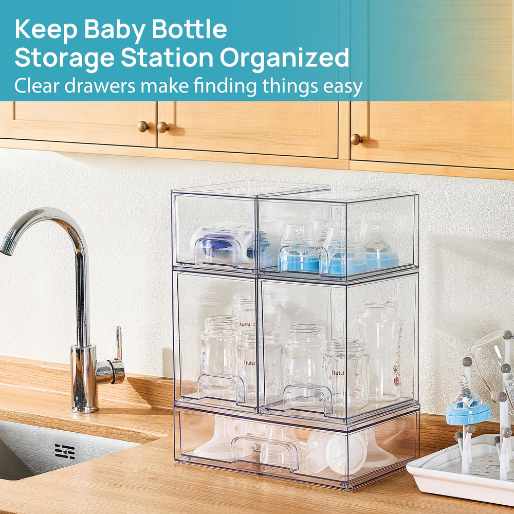 Vtopmart stackable drawers on kitchen counter reveal tidy pantry organization.