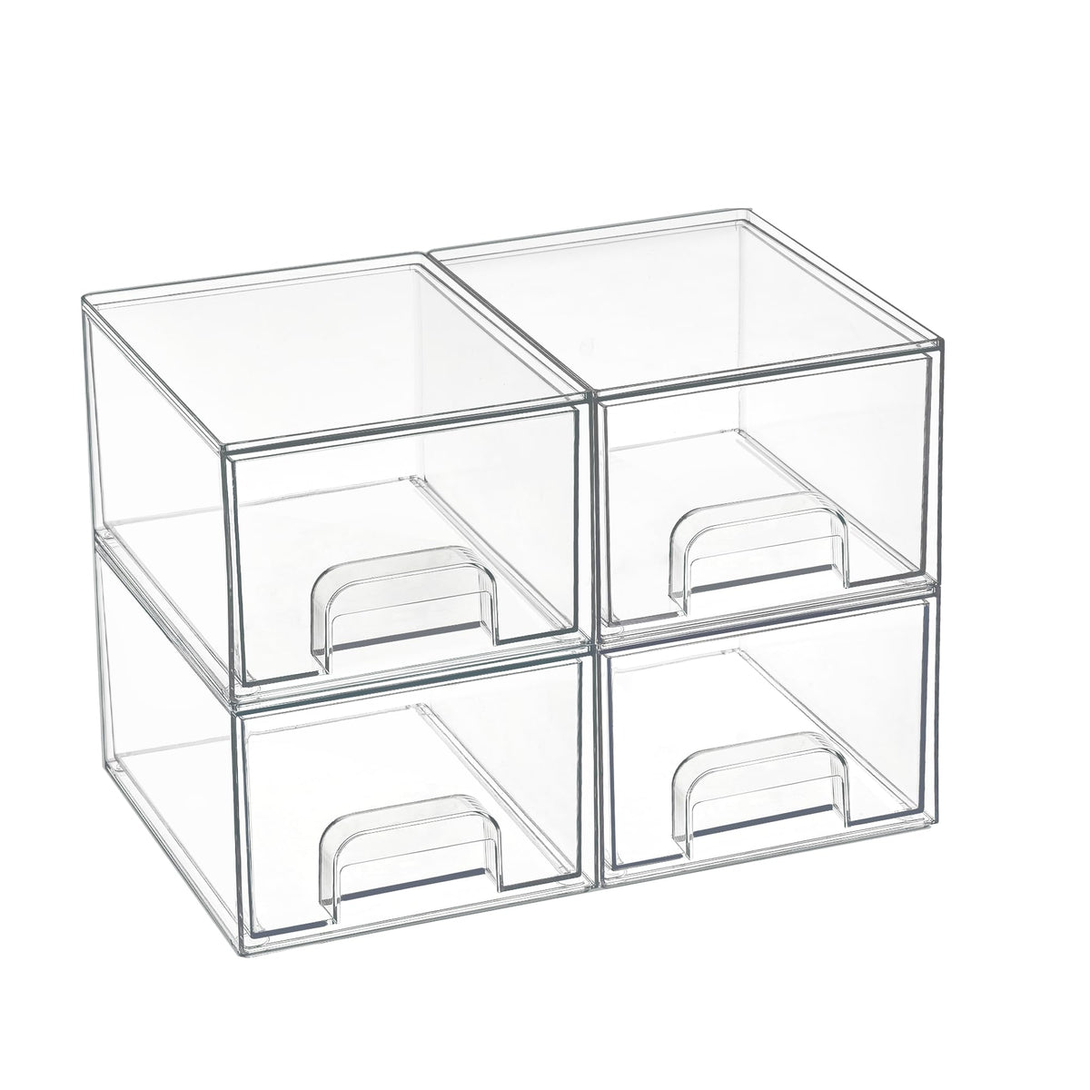 Vtopmart clear stackable drawers four-pack outer box enables compact storage.