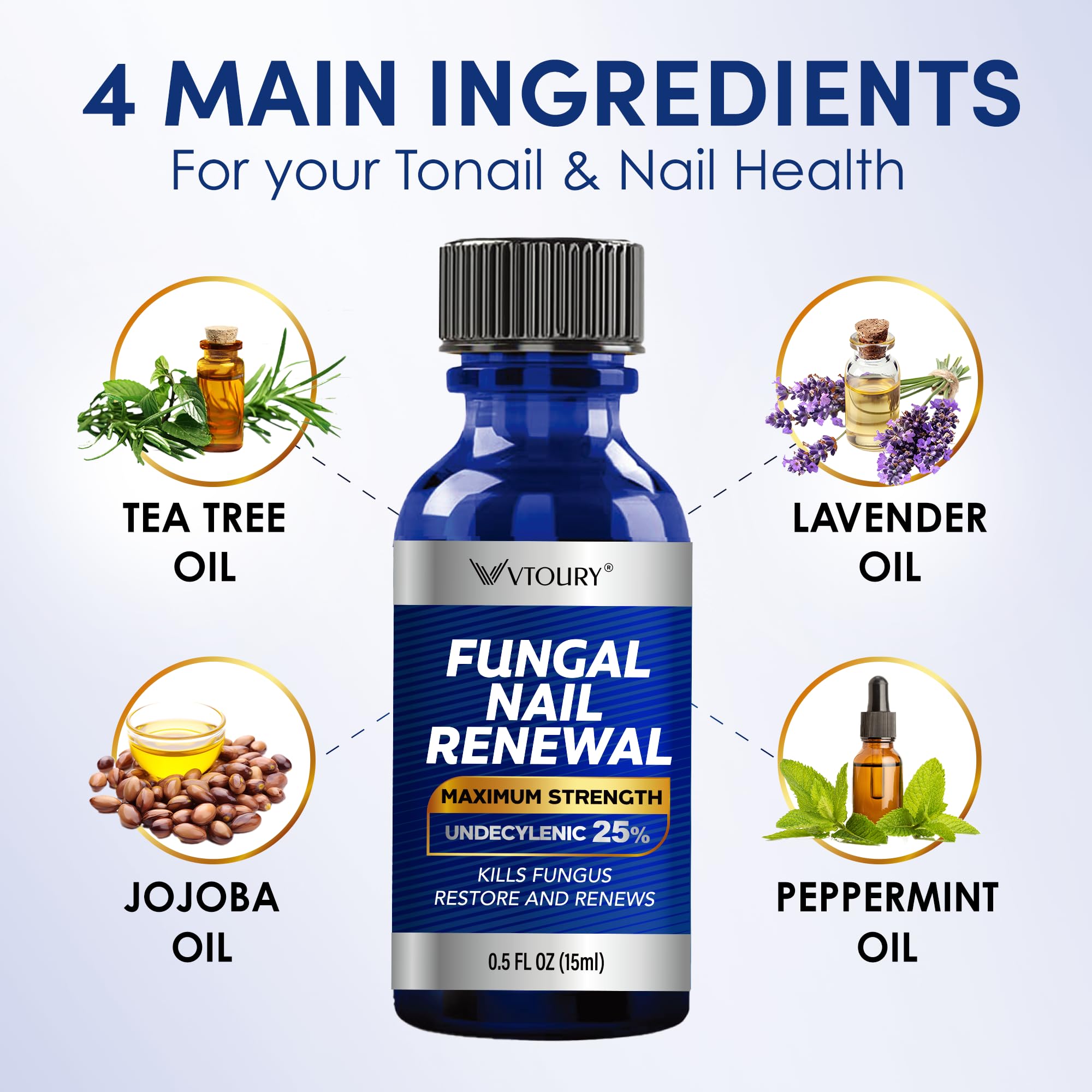 VTROUY ingredients label highlights undecylenic acid and tea tree oil.