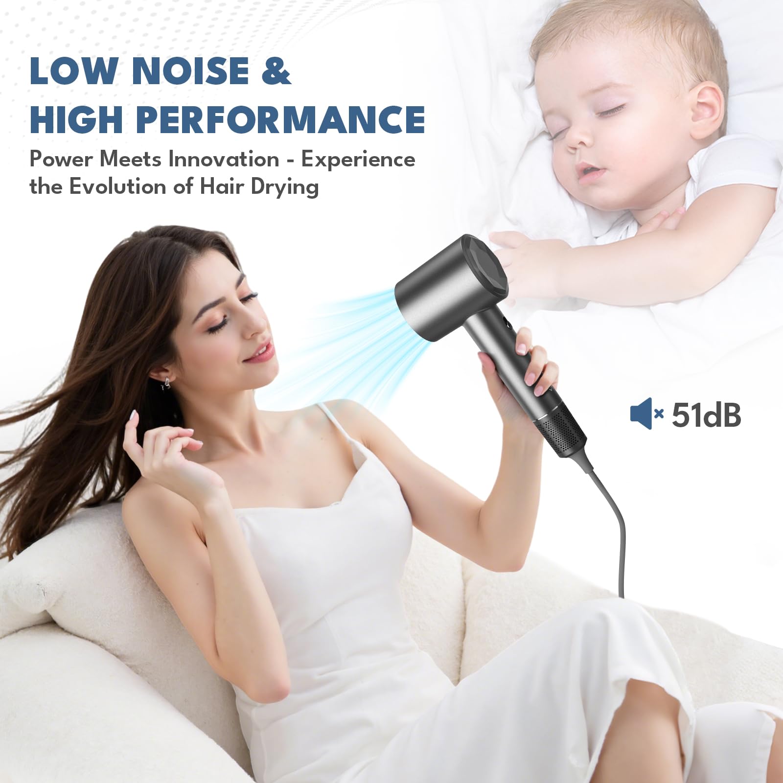 VTT hair dryer in-use demonstrates lightweight design and quiet operation