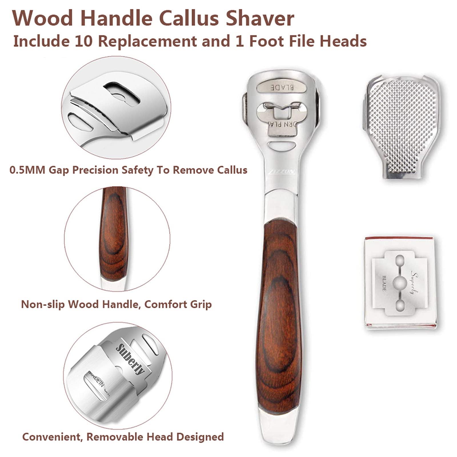 Vusoset wood-handle callus shaver detail for comfortable precise control