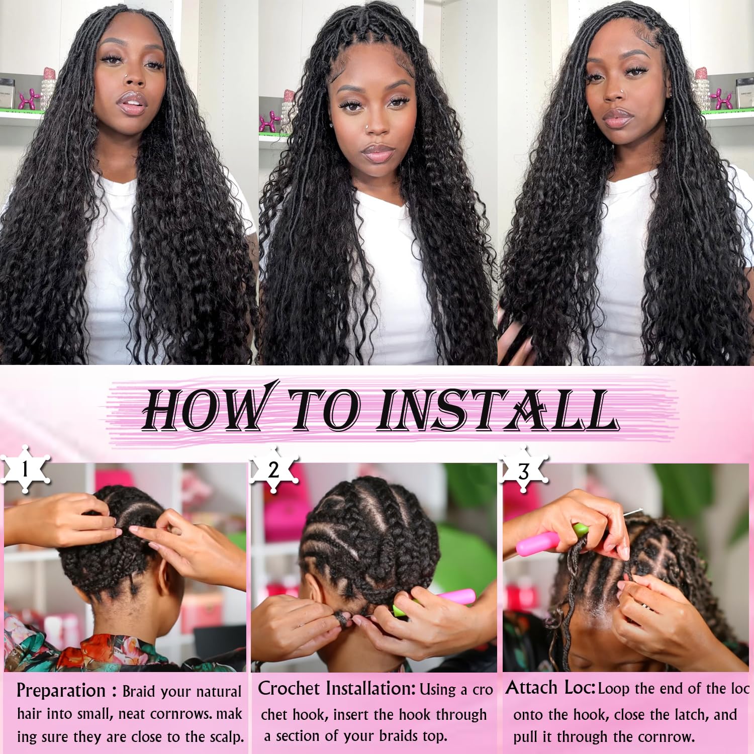 VustBeauty Goddess Locs 30inch weave-detail closeup showing three curls and curly ends