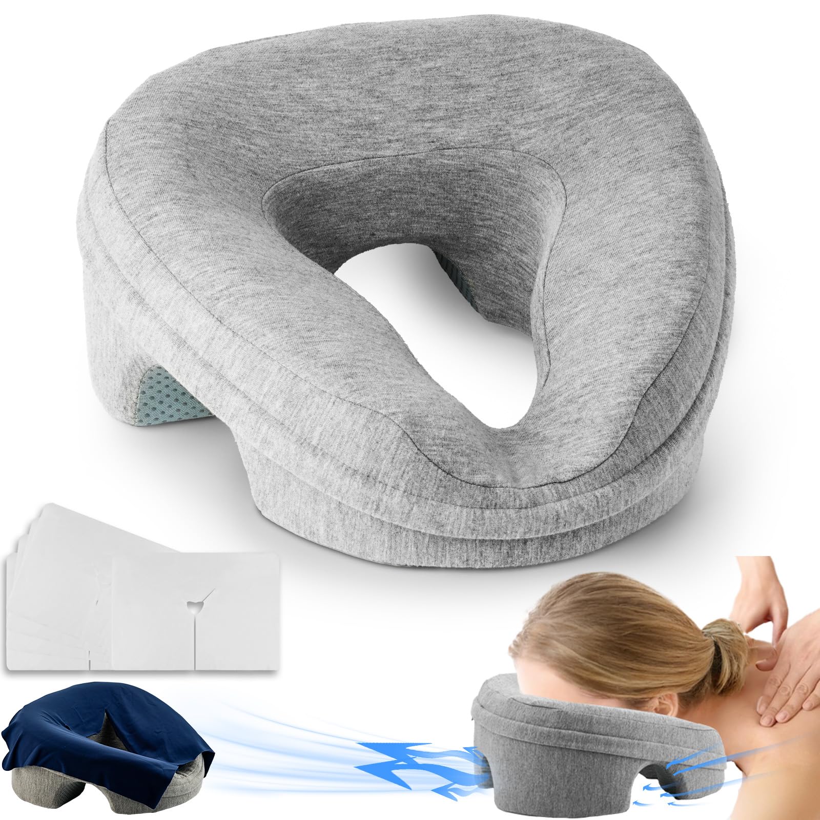 VVB face-down pillow headrest on bed for comfortable prone sessions.