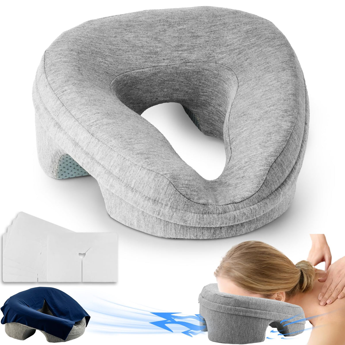 VVB face-down pillow headrest on bed for comfortable prone sessions.