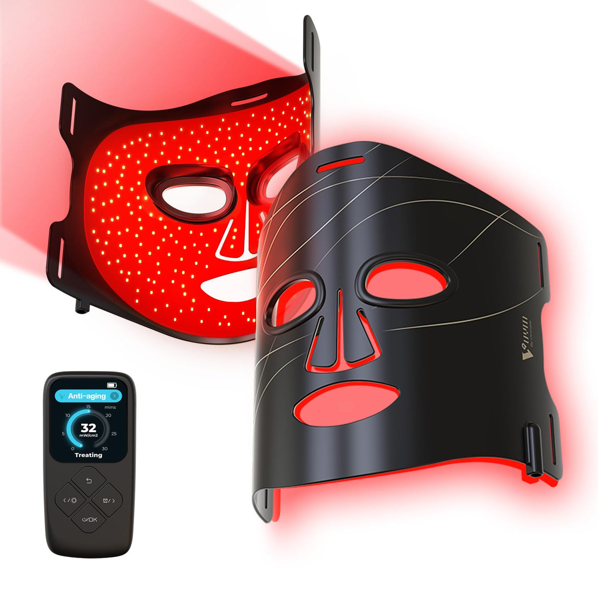 V VYM By Clinmate red light mask front view shows 292 LEDs for professional facial light therapy.