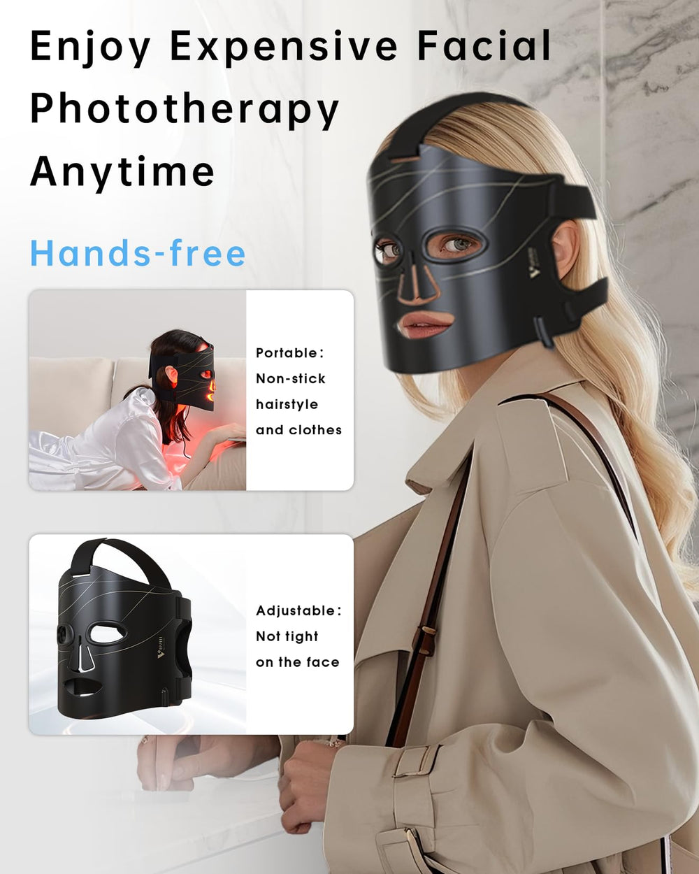 V VYM By Clinmate red light mask gift packaging emphasizing premium presentation and warranty.