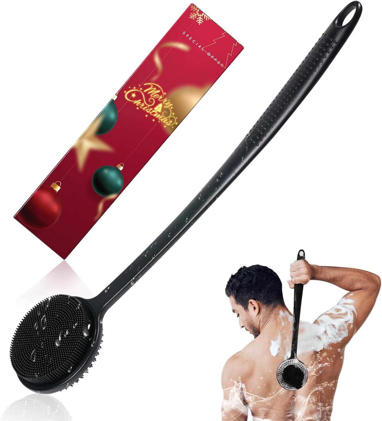 VWMQ silicone back scrubber with 17in handle reaching hard-to-reach areas for a refreshing wash