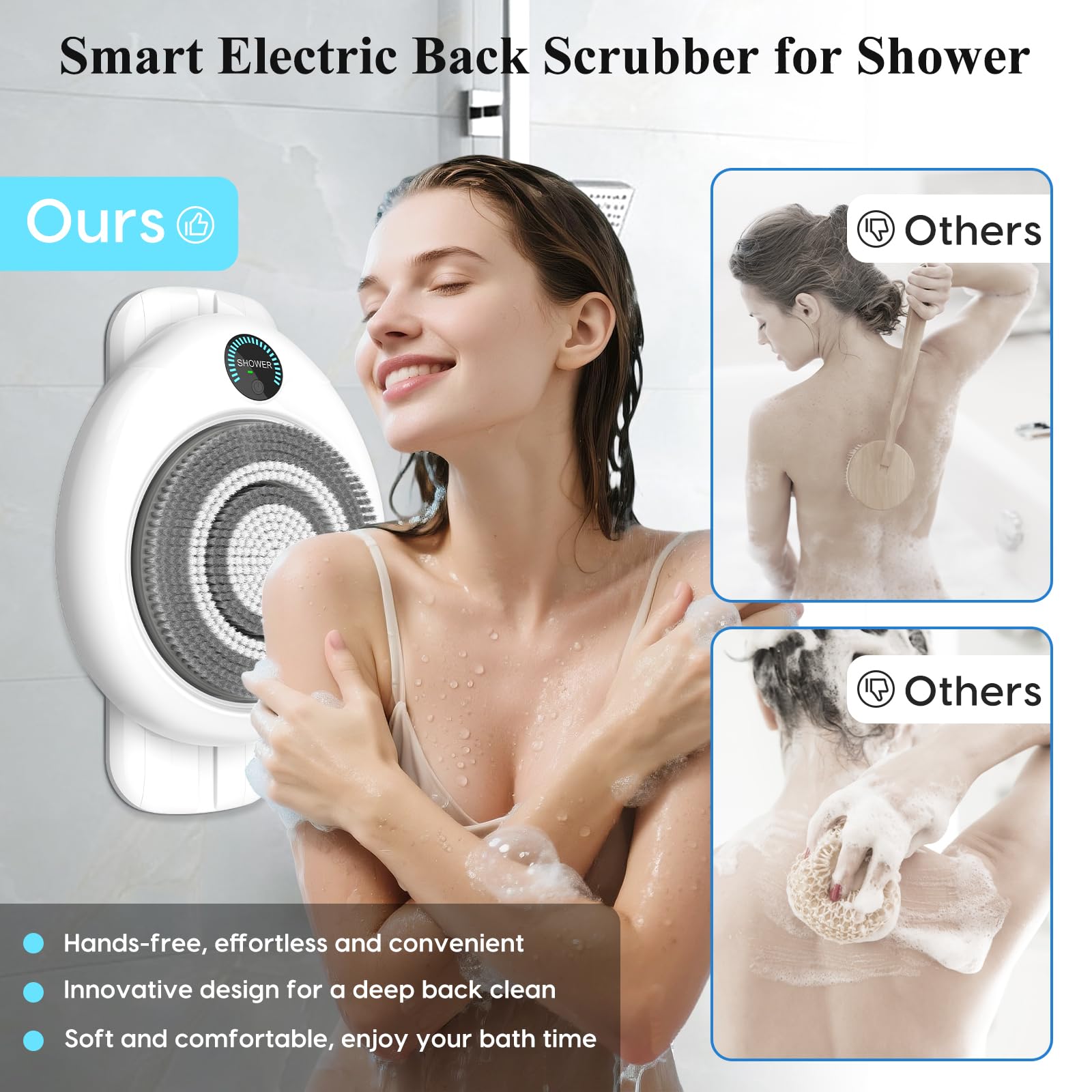 VWMYQ wall-mounted back scrubber installed in shower for easy reach.