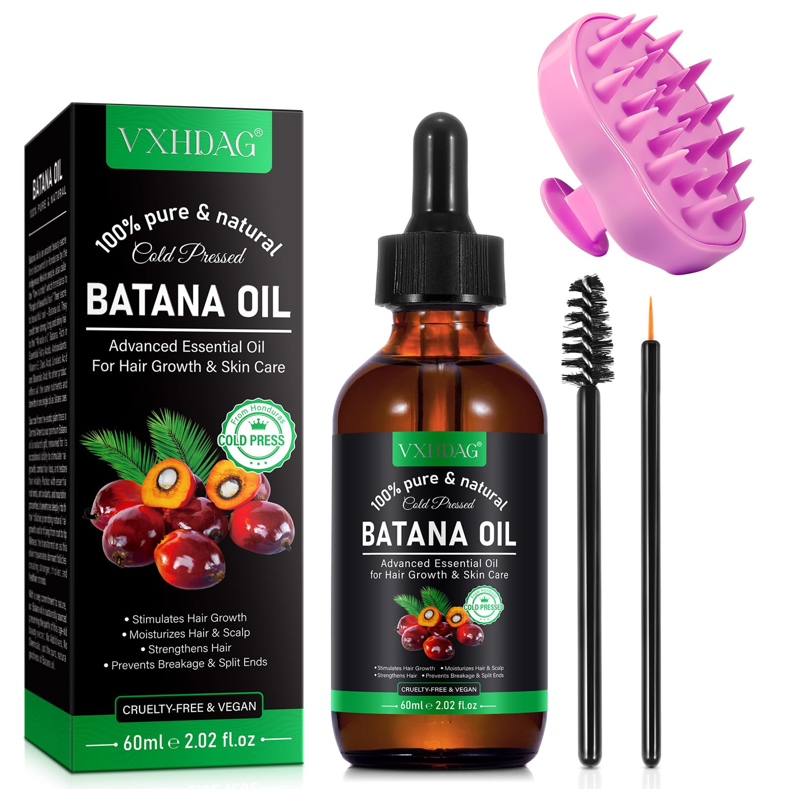 VXHDAG Batana Oil bottle showcases rich, pure Honduran formula for hair care.