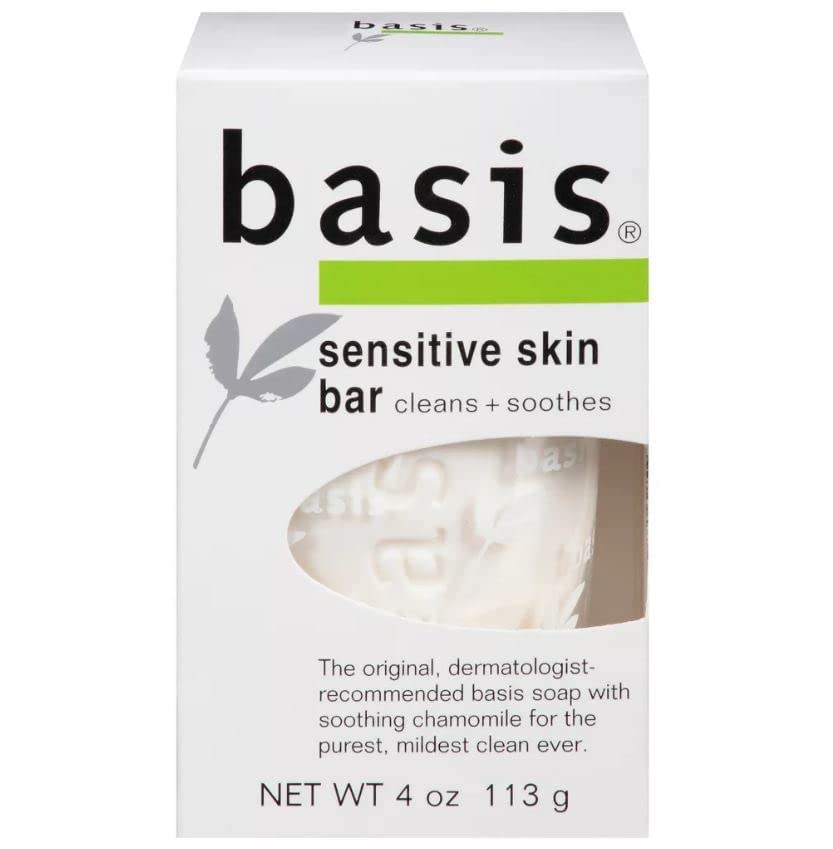 Vxoyo Basis Sensitive Skin Cleansing Bar packaging shows a six-bar bundle for gentle cleansing.