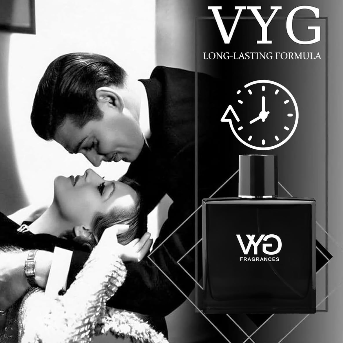 VYG pheromone cologne bottle closeup showing premium finish and design.