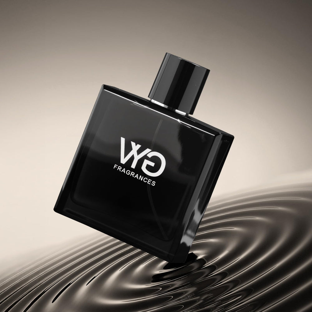 VYG bottle on display stand highlighting long lasting fragrance and sophistication.