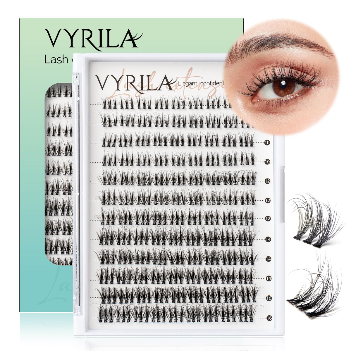 VYRILA Lash Clusters 0-05mm close-up shows ultra-fine silk PBT for natural, fluffy lashes