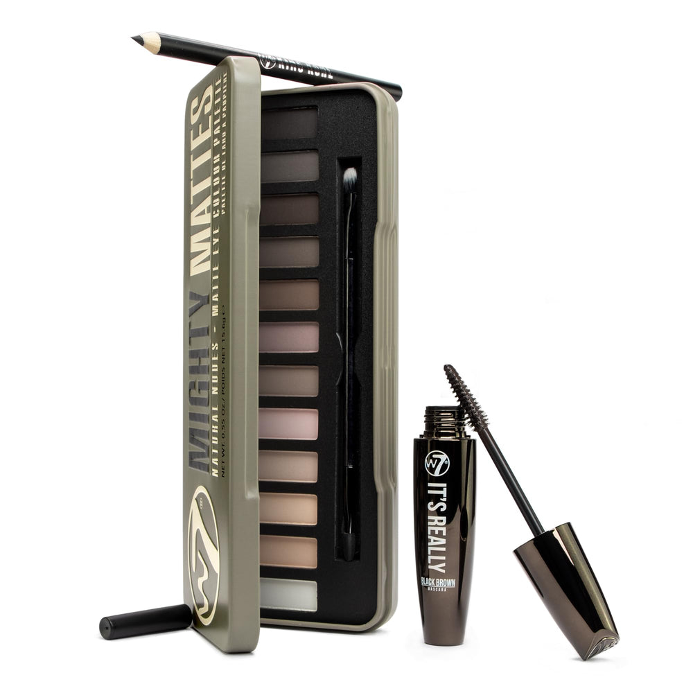 W7 Mighty Mattes Eyeshadow Palette close-up highlights rich pigments for versatile looks.
