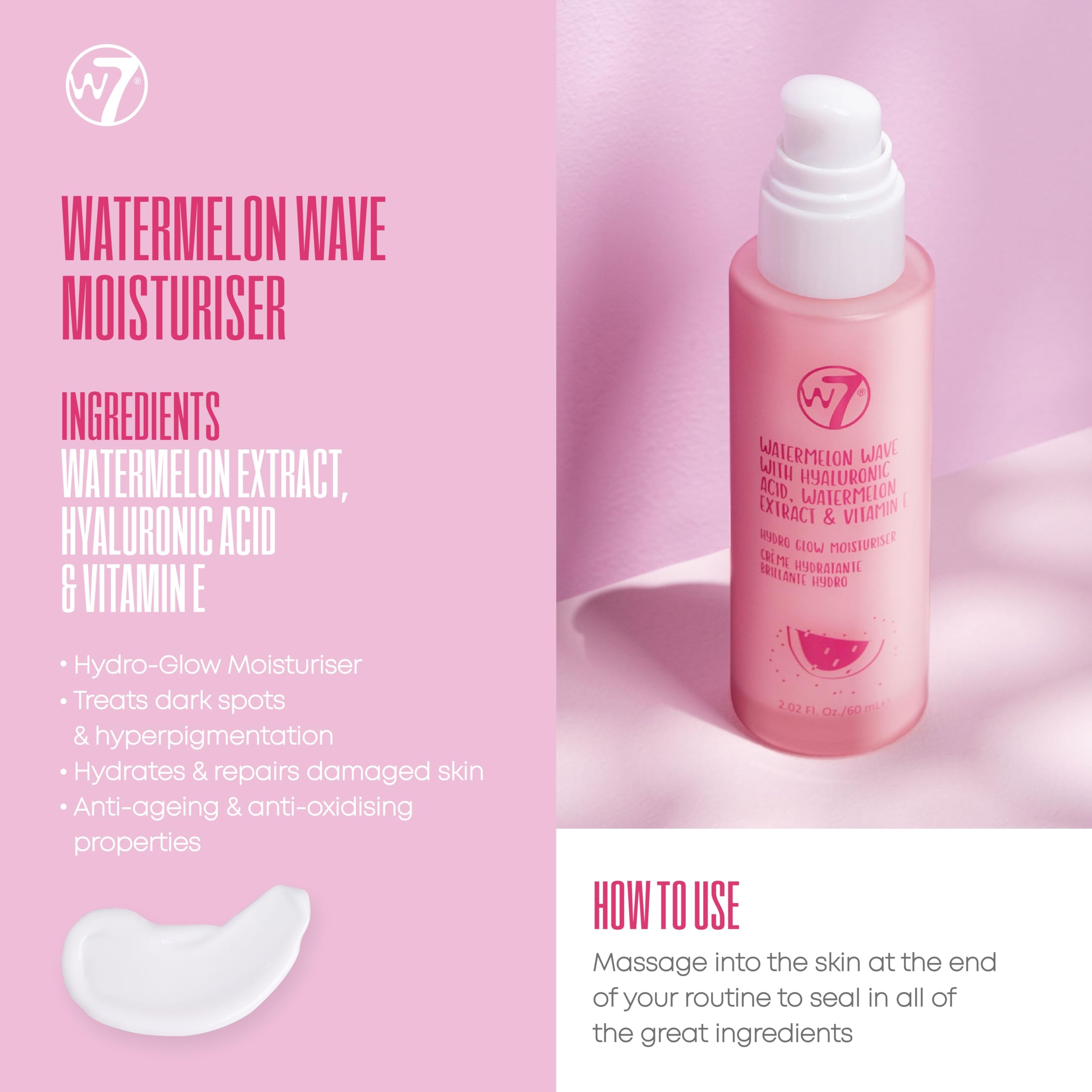 W7 Skin Refresh application steps showing clean, toner, serum, and hydrate sequence