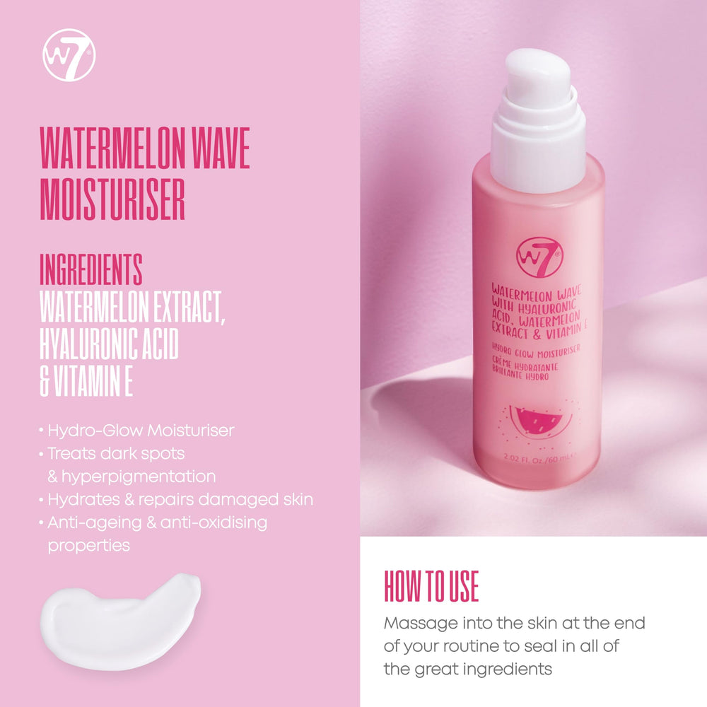 W7 Skin Refresh application steps showing clean, toner, serum, and hydrate sequence