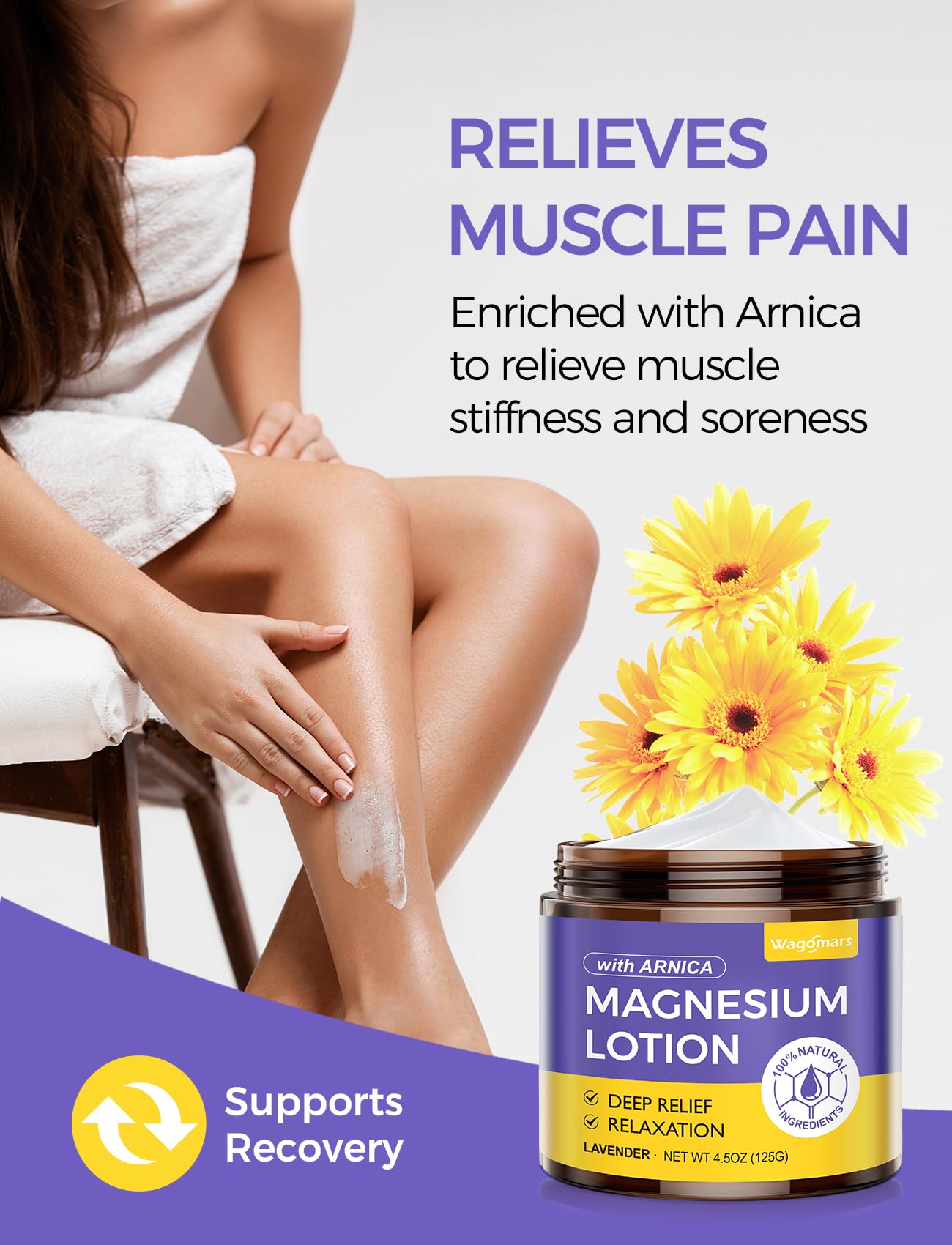 Wagomars magnesium lotion with shea butter nourishes dry skin.