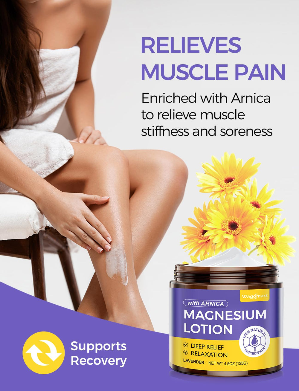 Wagomars magnesium lotion with shea butter nourishes dry skin.