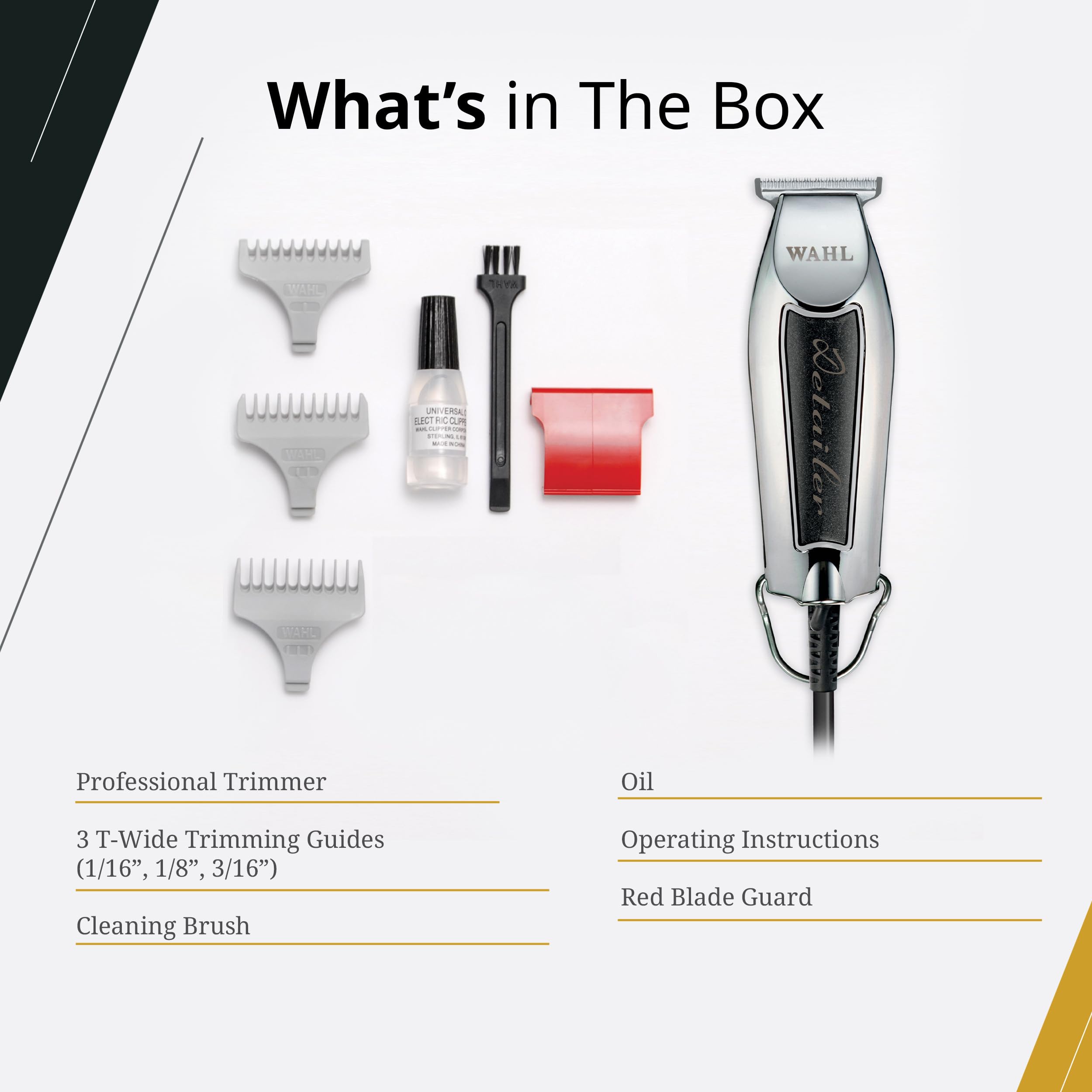 Wahl Detailer Trimmer with styling comb, brush, and oil for maintenance.