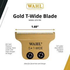 Wahl gold-plated blades with DLC and titanium coatings for cooler, corrosion-resistant performance.