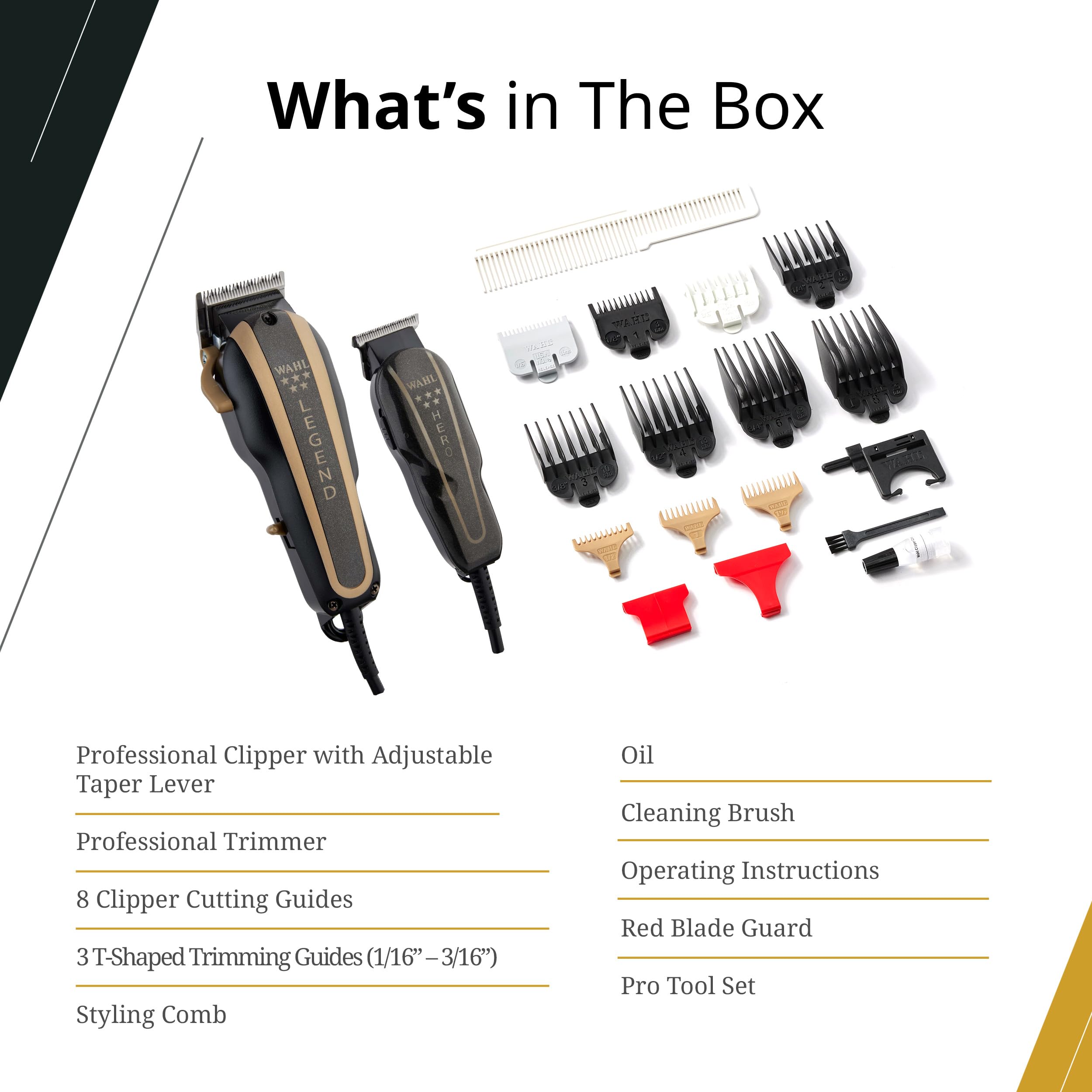 Wahl Professional 5-Star clipper guides range from 1/16 to 1 inch for length control