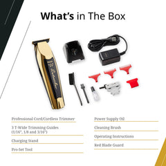 Wahl Professional 5 Star Gold Detailer on bench with attachments.