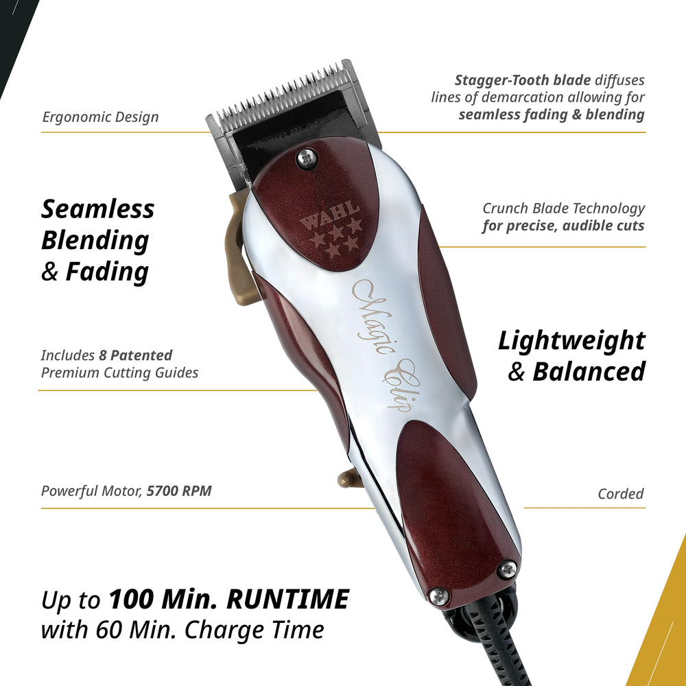 Wahl Professional 5 Star Magic Clip corded operation ensures consistent performance during sessions.