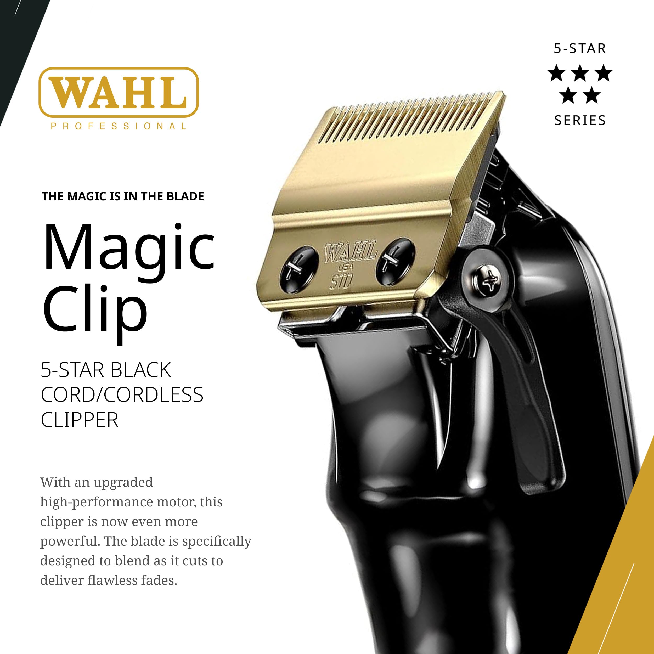 Wahl 5 Star Magic Clip cordless operation with long-lasting runtime for versatile grooming.