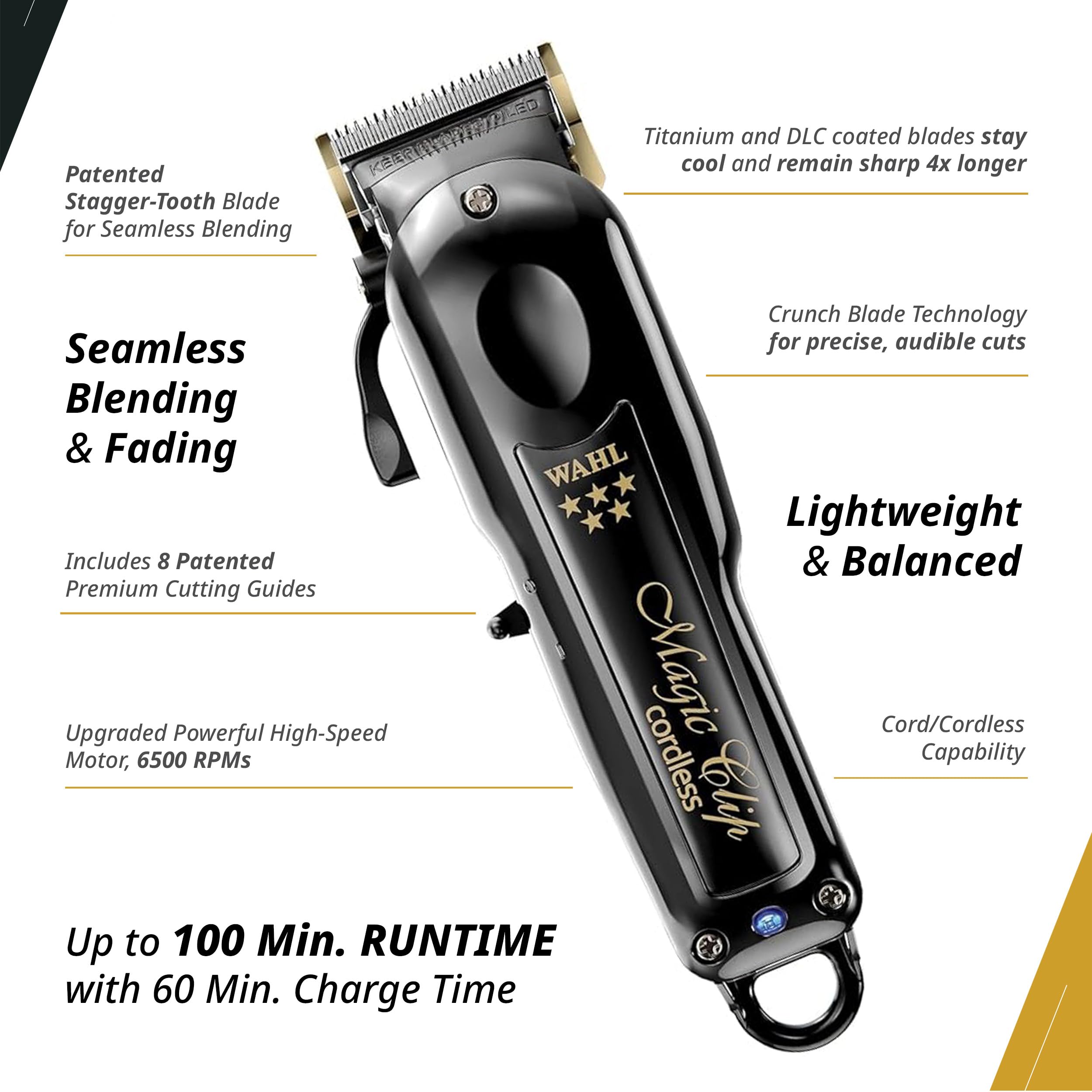 Wahl Magic Clip stagger-tooth blade delivers precise, smooth trimming.